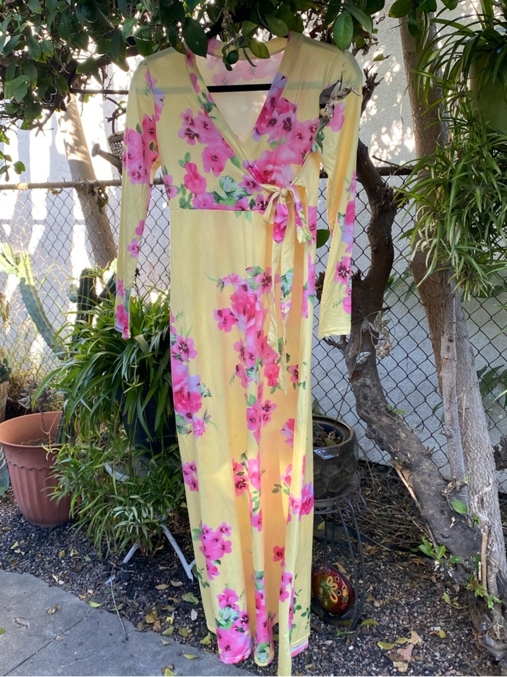Yellow Floral Wrap Maxi Dress with Pink Bloom Print
